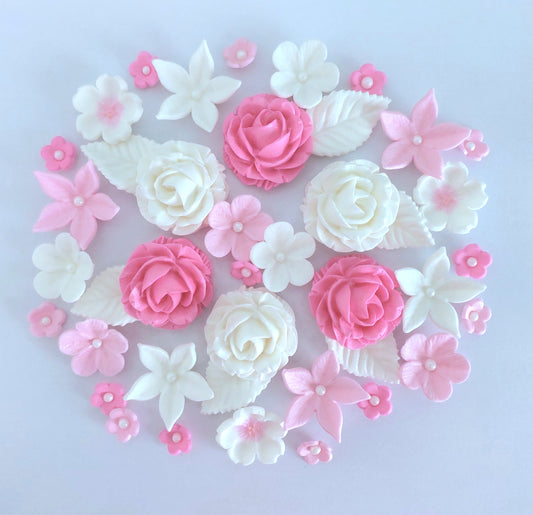Pink and white flowers, edible fondant icing decorations by Cake Candy NZ