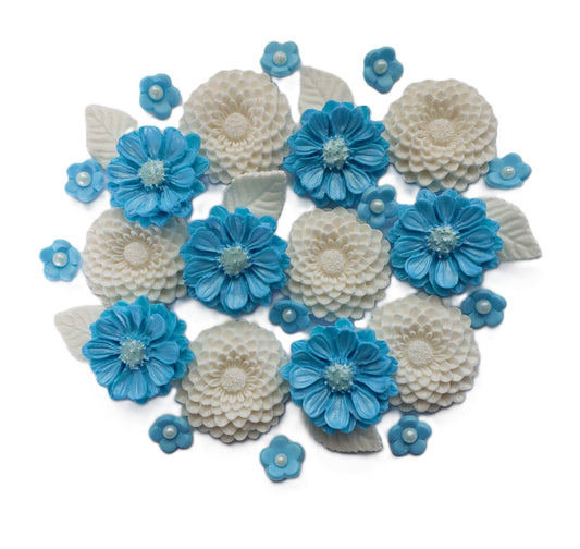 Flower arrangement featuring white dahlias and blue daisies, edible fondant decorations by Cake Candy NZ