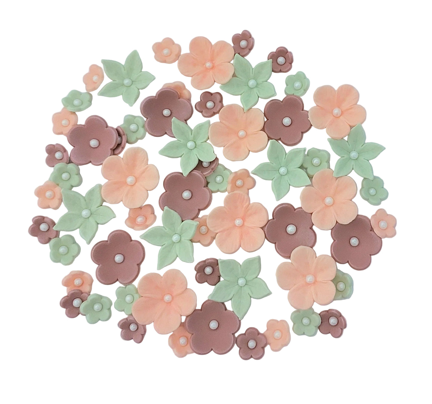 Assorted flowers in earthy tones, edible sugar decorations by Cake Candy NZ