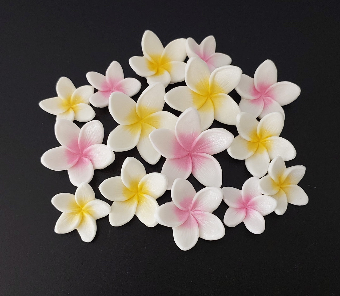 Set of fifteen frangipani/plumeria flowers, edible fondant icing cake decorations
