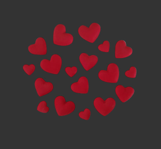 eighteen small red hearts, edible fondant icing cake decorations