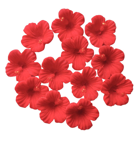 twelve small red hibiscus edible fondant icing decorations by Cake Candy NZ