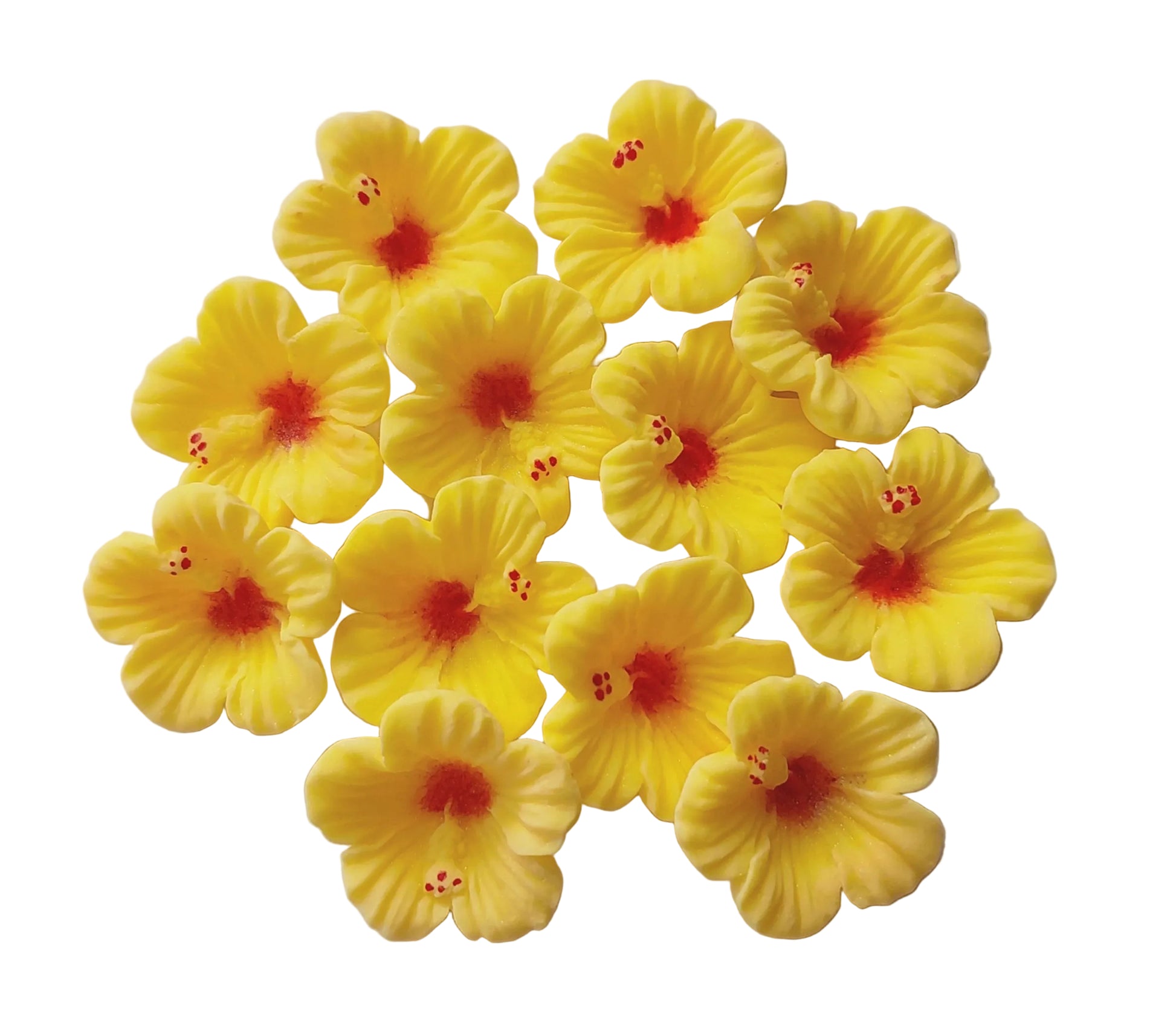 twelve small yellow hibiscus flowers, edible fondant icing decorations by Cake Candy NZ