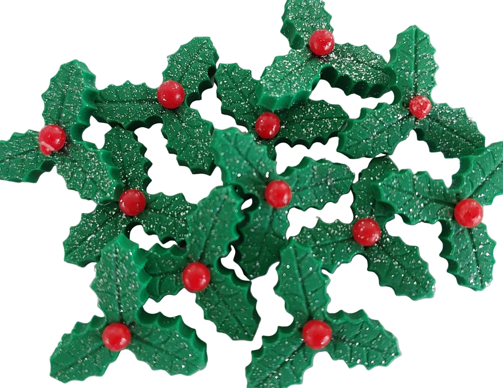 12 mini holly with berries, edible fondant icing decorations by Cake Candy NZ