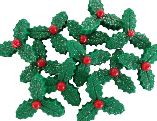 12 mini holly with berries, edible fondant icing decorations by Cake Candy NZ