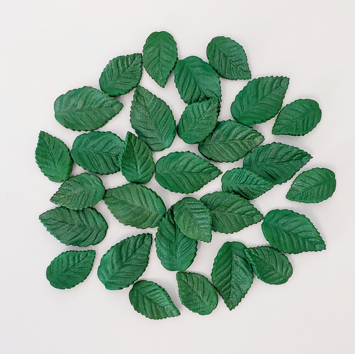 Thirty dark green leaves in two sizes, edible fondant decorations by Cake Candy NZ