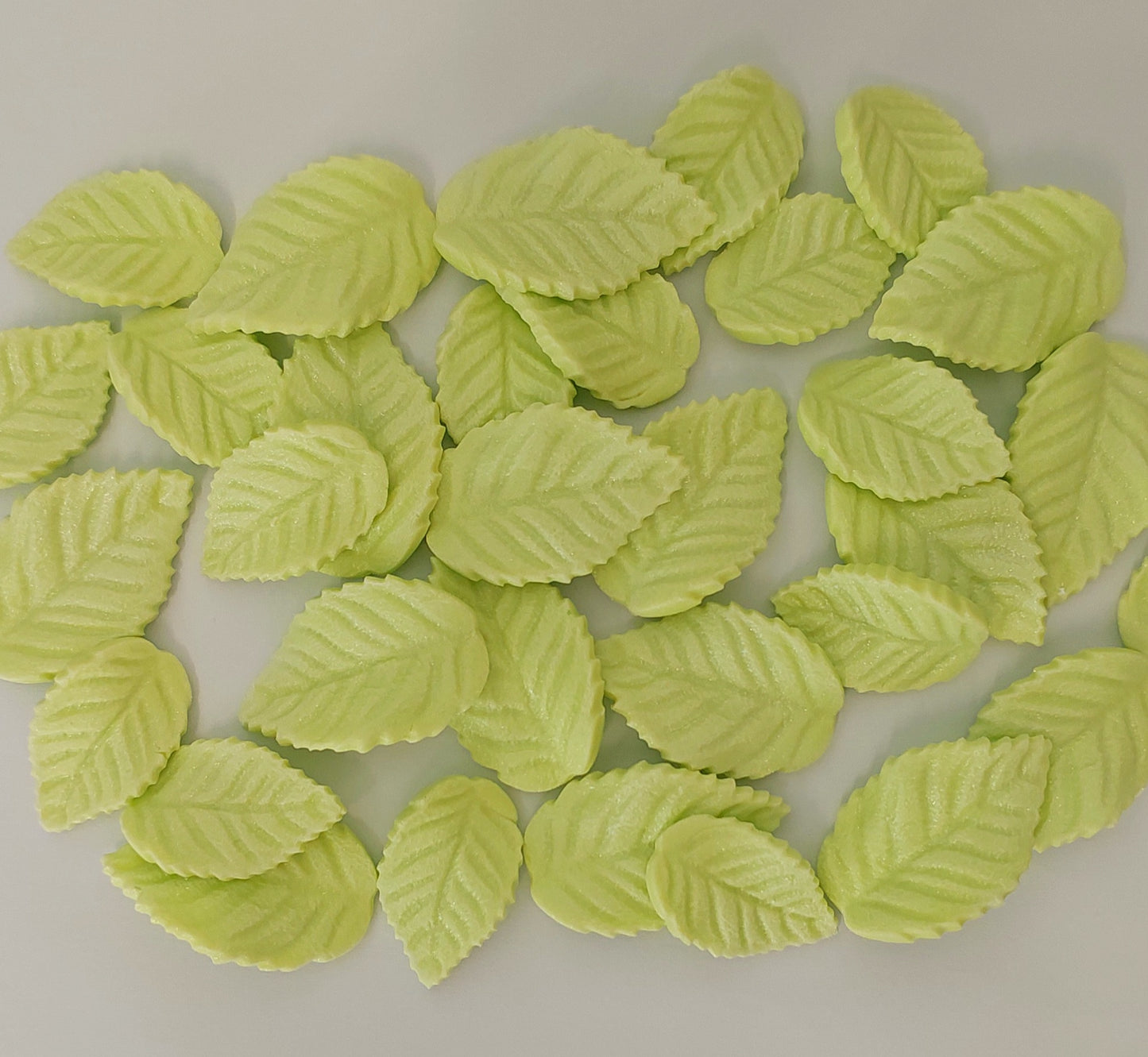Thirty light green leaves in two sizes, edible fondant decorations by Cake Candy NZ