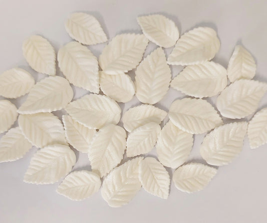 Thirty white leaves in two sizes, edible fondant decorations by Cake Candy NZ