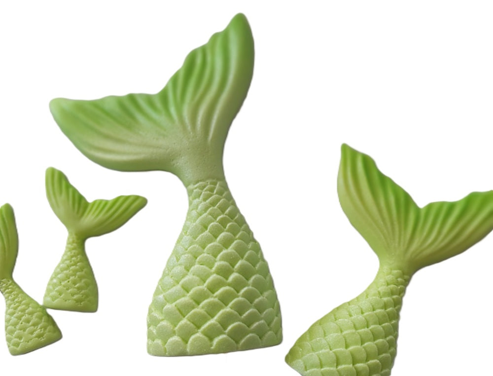 Set of six green mermaid tails in different sizes. Edible fondant decorations by Cake Candy NZ.