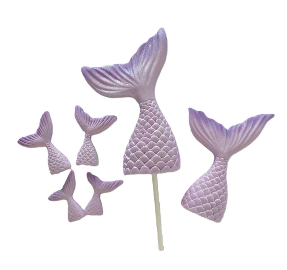 Set of six lilac mermaid tails in different sizes. Edible fondant decorations by Cake Candy NZ.