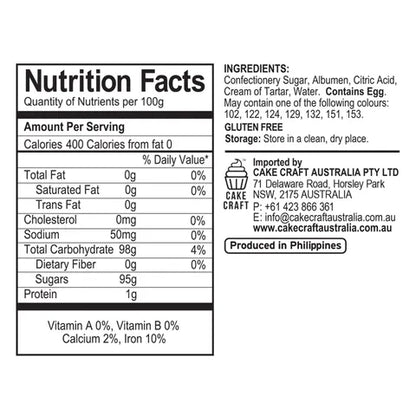 A Nutrition Facts label for Cake Craft Confectionery Sugar, showing nutritional information per 100g and ingredients, with Cake Craft Australia Pty Ltd branding and contact details.
