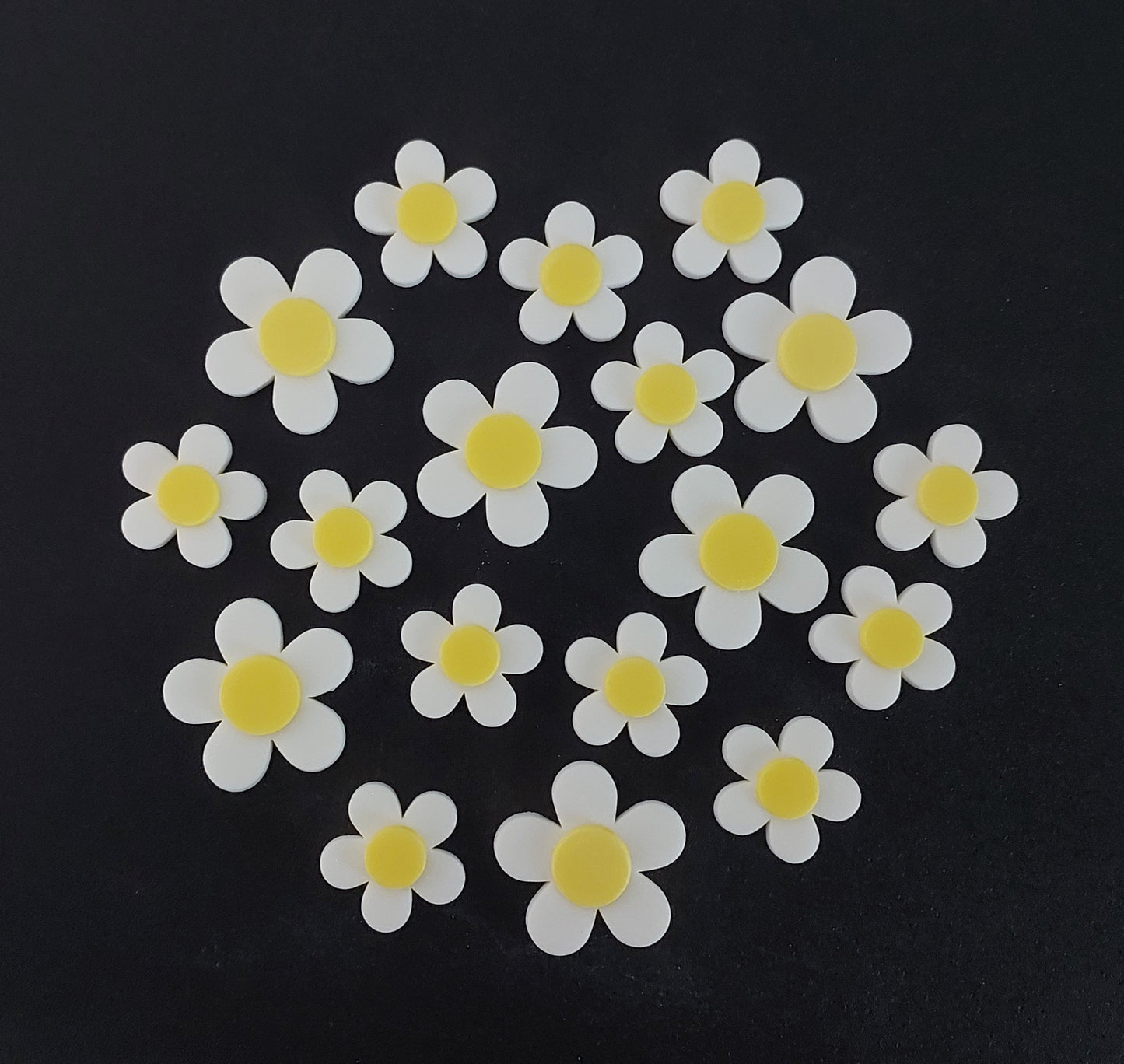 eighteen white and yellow fantasy blossoms, edible fondant icing decorations by Cake Candy NZ