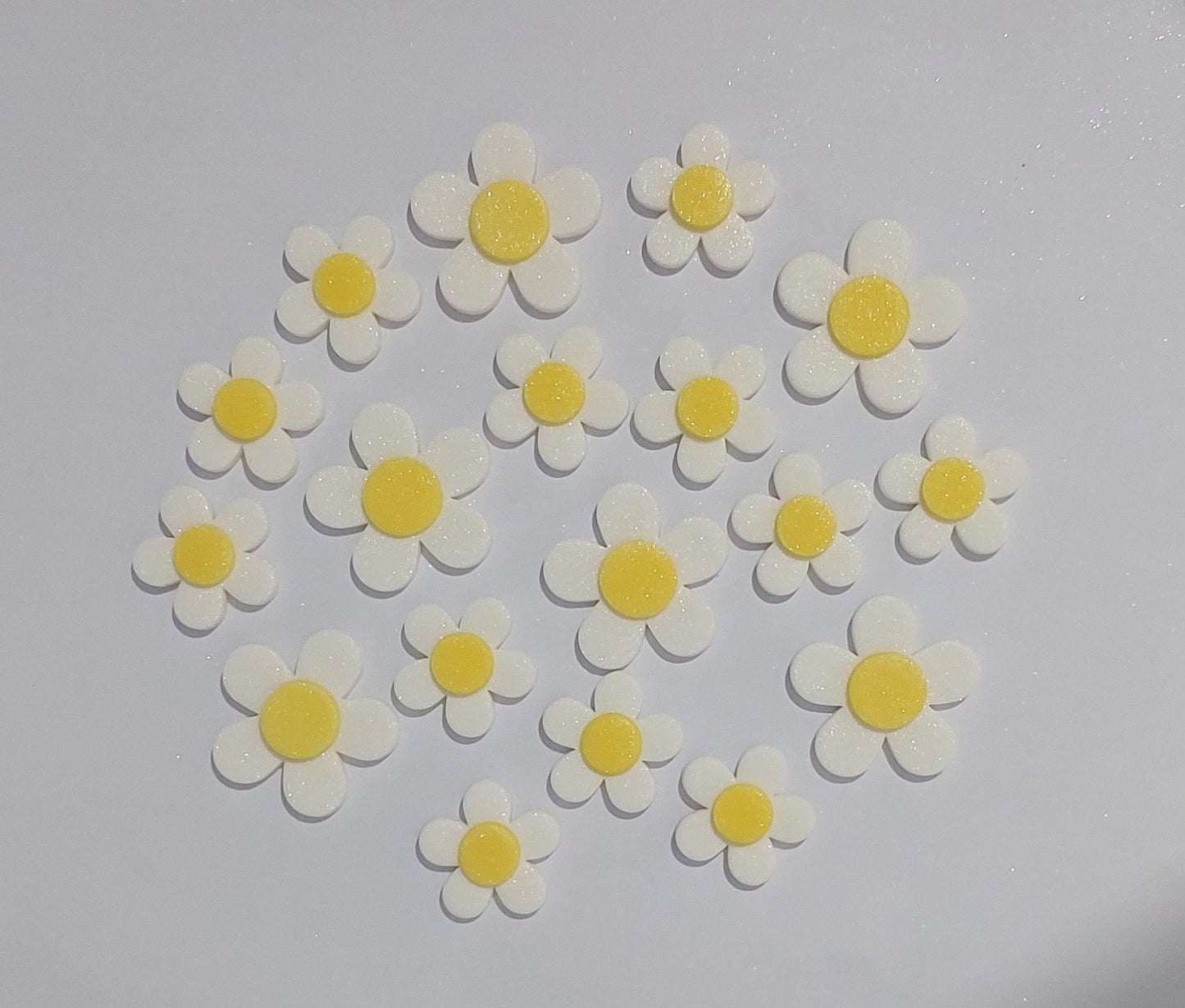 eighteen white and yellow fantasy blossoms, edible fondant icing decorations by Cake Candy NZ