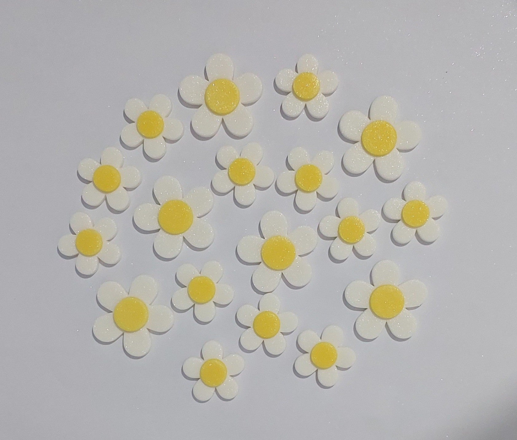 eighteen white and yellow fantasy blossoms, edible fondant icing decorations by Cake Candy NZ