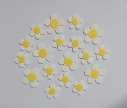 eighteen white and yellow fantasy blossoms, edible fondant icing decorations by Cake Candy NZ