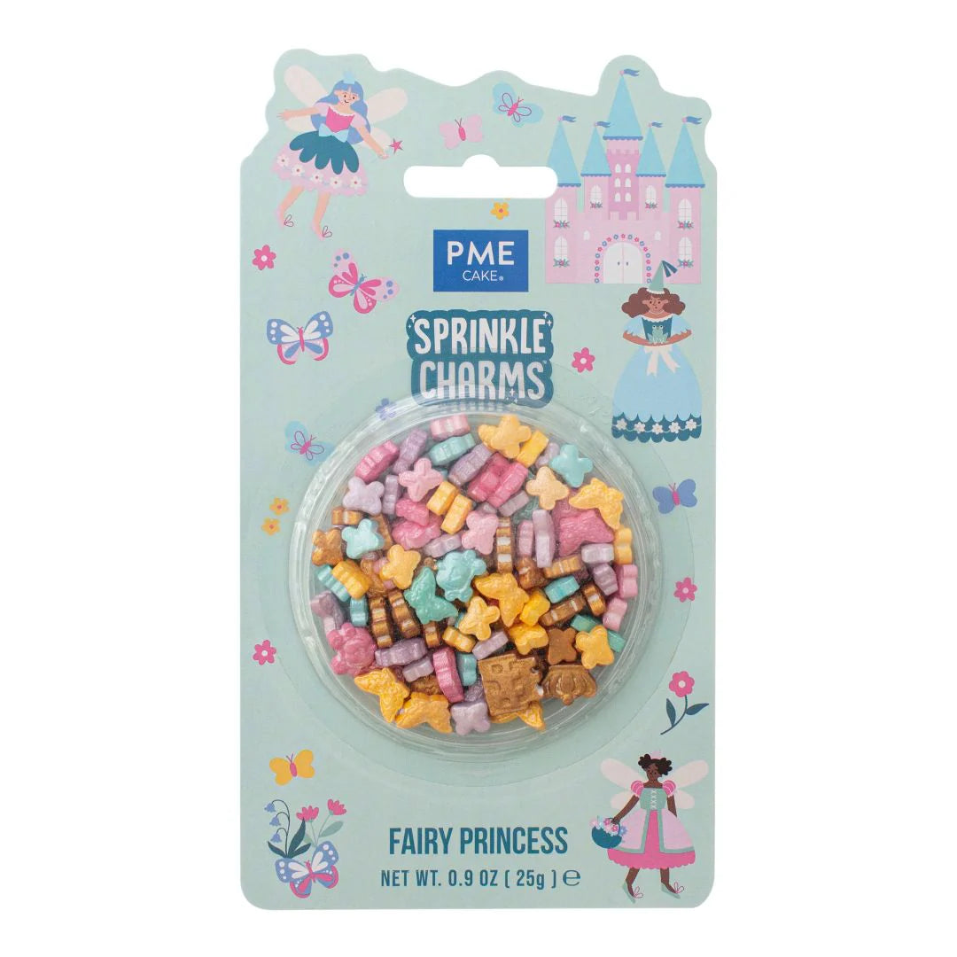 Packaged fairy princess-themed sprinkles with decorative packaging featuring butterflies and castles.