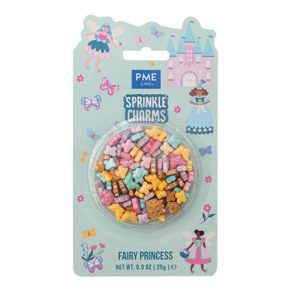 Packaged fairy princess-themed sprinkles with decorative packaging featuring butterflies and castles.