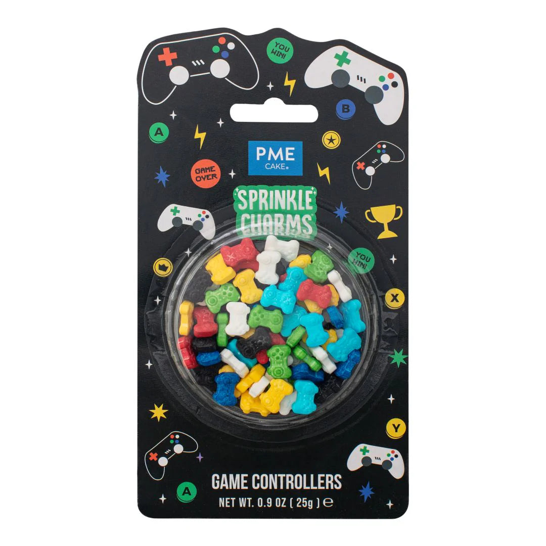 Packaged game controller-shaped sprinkles with PME Game Controllers branding on a white background