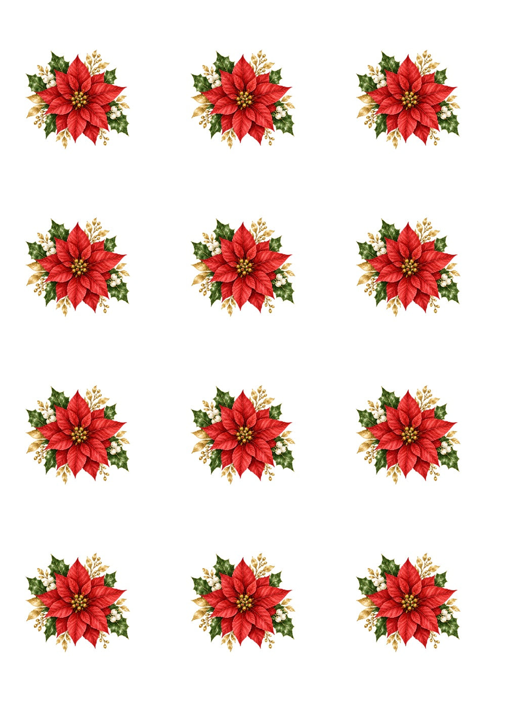 12 poinsettia flowers on a white background. Edible icing images by Cake Candy NZ.