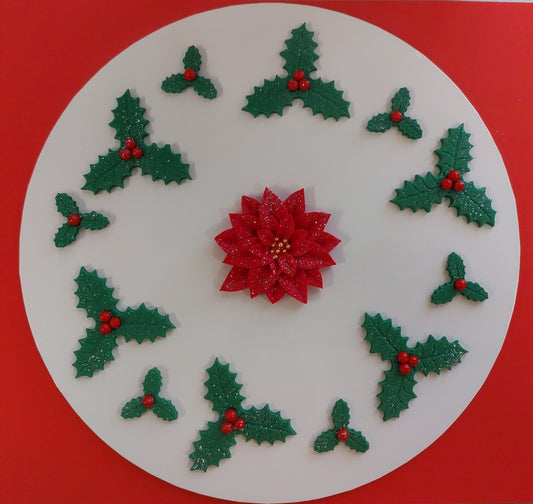 Poinsettia and holly, edible fondant icing Christmas decorations by Cake Candy NZ