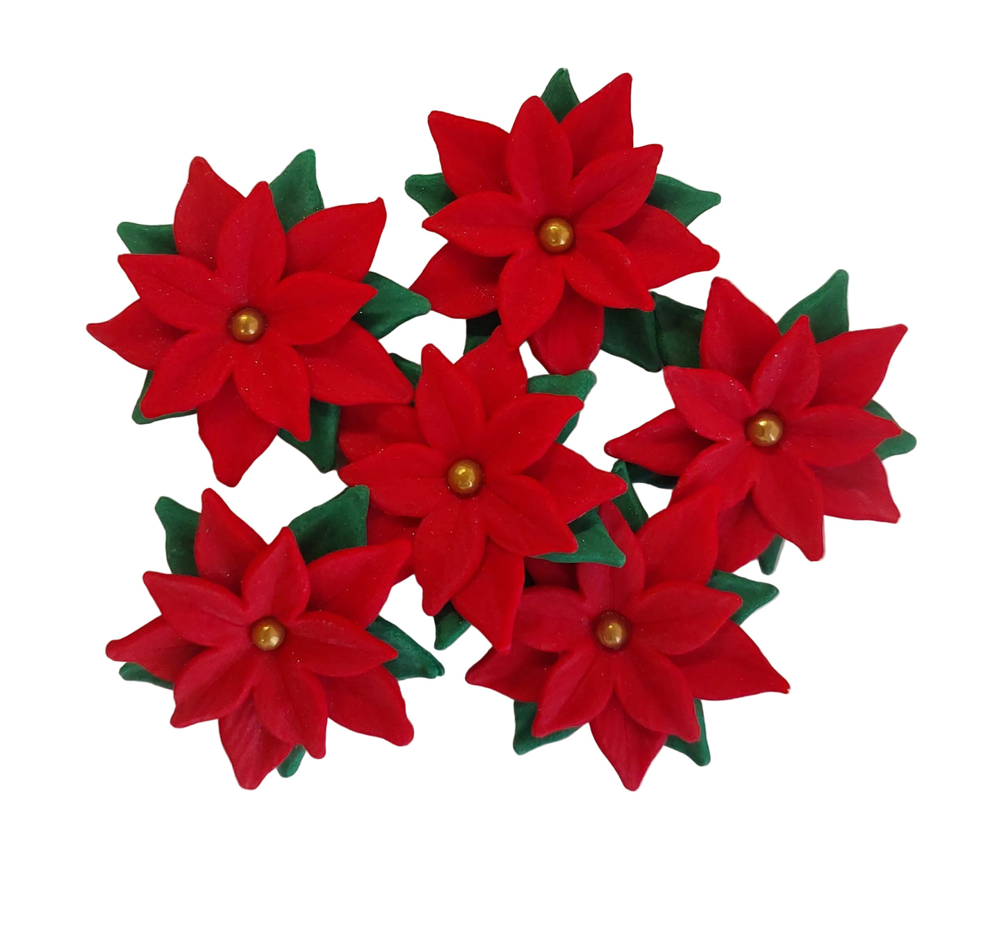 Red poinsettia flowers, edible fondant icing Christmas decorations by Cake Candy NZ