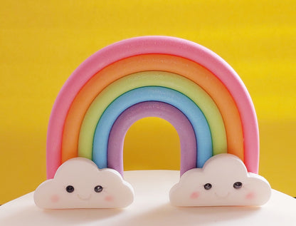 Colouful rainbow with smiling clouds, fondant icing decoration by Cake Candy NZ