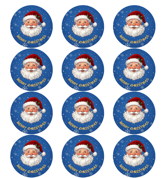 12 round images of Santa with Merry Christmas writing and snow scene. Edible image toppers by Cake Candy NZ