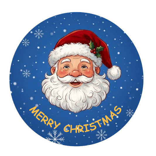 Santa Claus face with Merry Christmas writing on a snowy background. Edible image by Cake Candy NZ