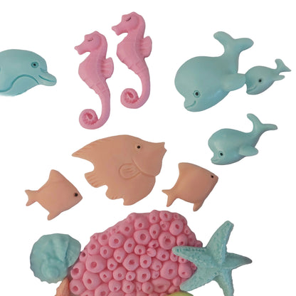 Close up of colourful sea life animals shells and corals, edible fondant icing decorations by Cake Candy NZ