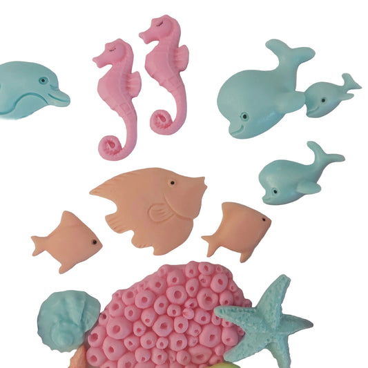 Close up of colourful sea life animals shells and corals, edible fondant icing decorations by Cake Candy NZ