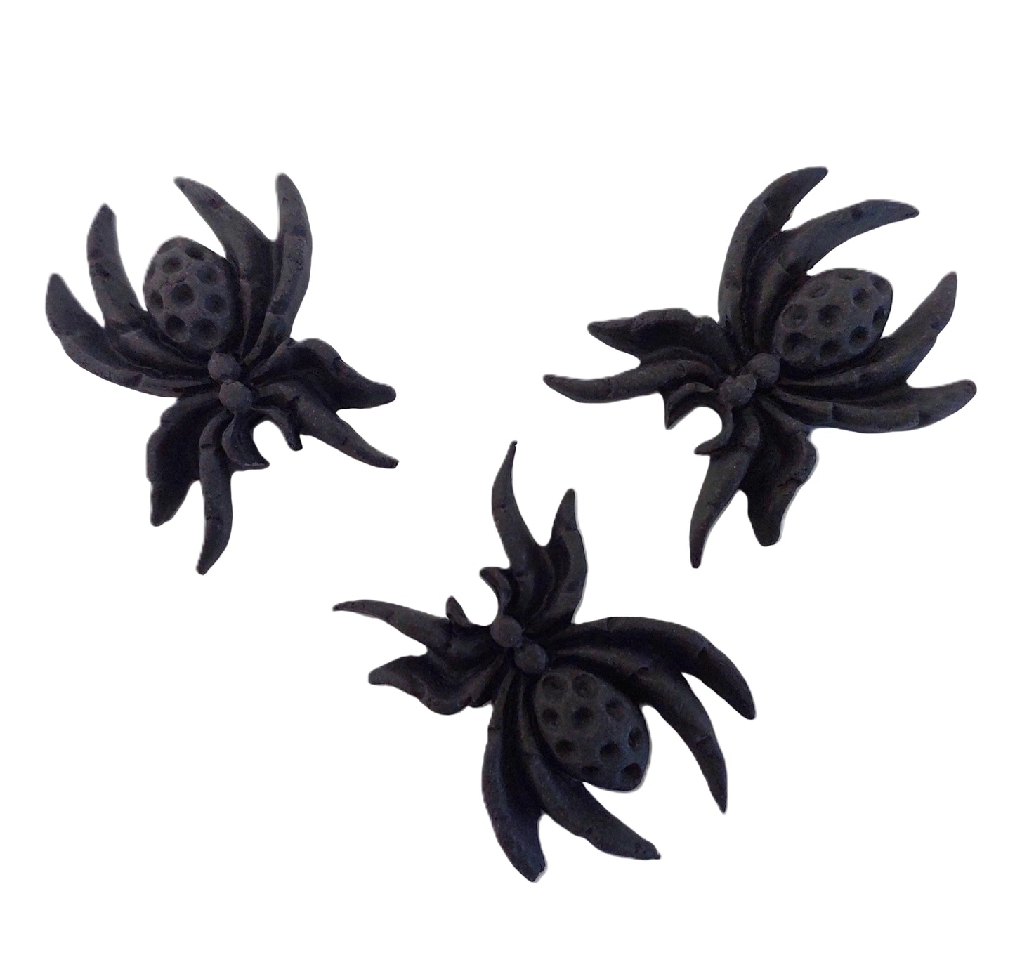3 large black spiders, edible fondant icing decorations by Cake Candy NZ