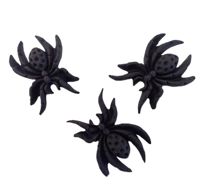 3 large black spiders, edible fondant icing decorations by Cake Candy NZ
