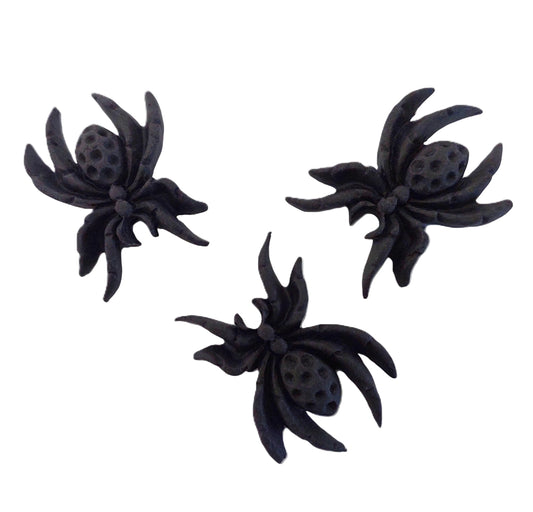 3 large black spiders, edible fondant icing decorations by Cake Candy NZ