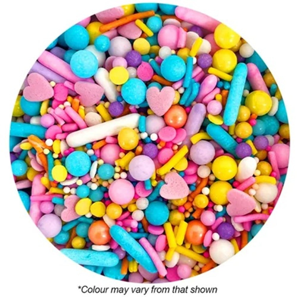 Colorful assortment of candy sprinkles in a circular container.