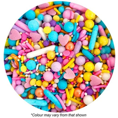 Colorful assortment of candy sprinkles in a circular container.