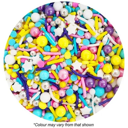 Assorted colorful sprinkles on a white background