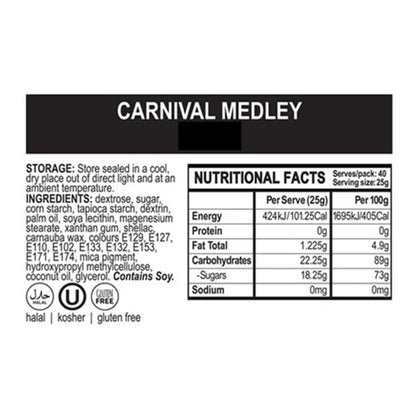 Nutritional facts label for 'Midnight Medley' sprinkle mix with ingredients and allergen information