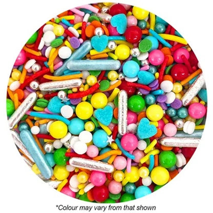 Assorted colorful sprinkles in a round container on a white background