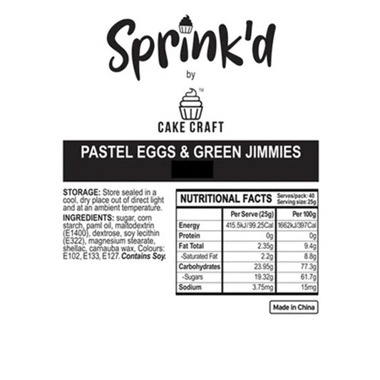 Sprink'd by Cake Craft label with product details and nutritional facts on a white background