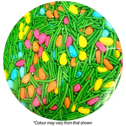 Colorful sprinkles with green, orange, pink, yellow, and blue in a circular container.