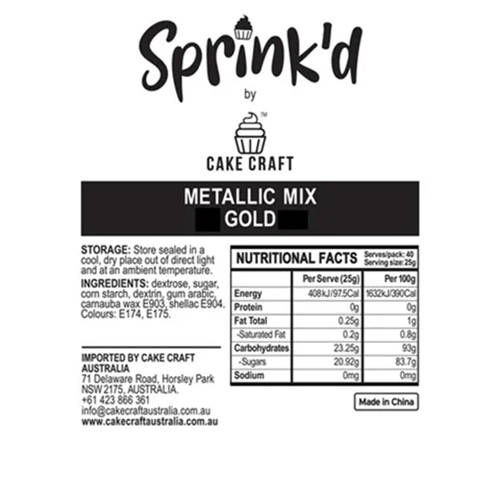 Sprink'd by Cake Craft metallic mix gold label with nutritional facts and ingredients.