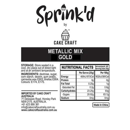 Sprink'd by Cake Craft metallic mix gold label with nutritional facts and ingredients.