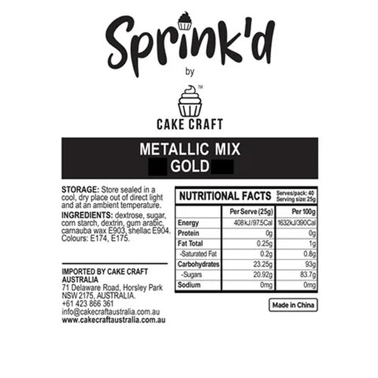 Sprink'd by Cake Craft metallic mix gold label with nutritional facts and ingredients.