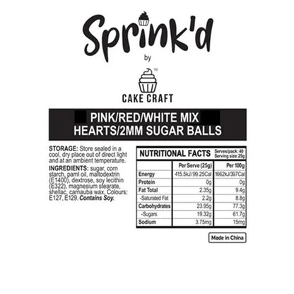 Sprink'd by Cake Craft product label for hearts sprinkle mix with nutritional facts and ingredients 