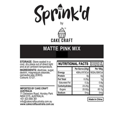 Label for Sprink'd by Cake Craft Matte Pink Mix with storage, ingredient, and nutritional information.