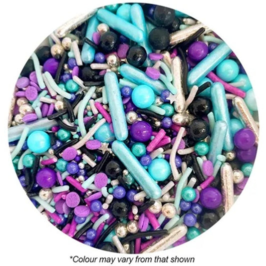 Colorful mix of sprinkles with blue, purple, and black tones on a white background.