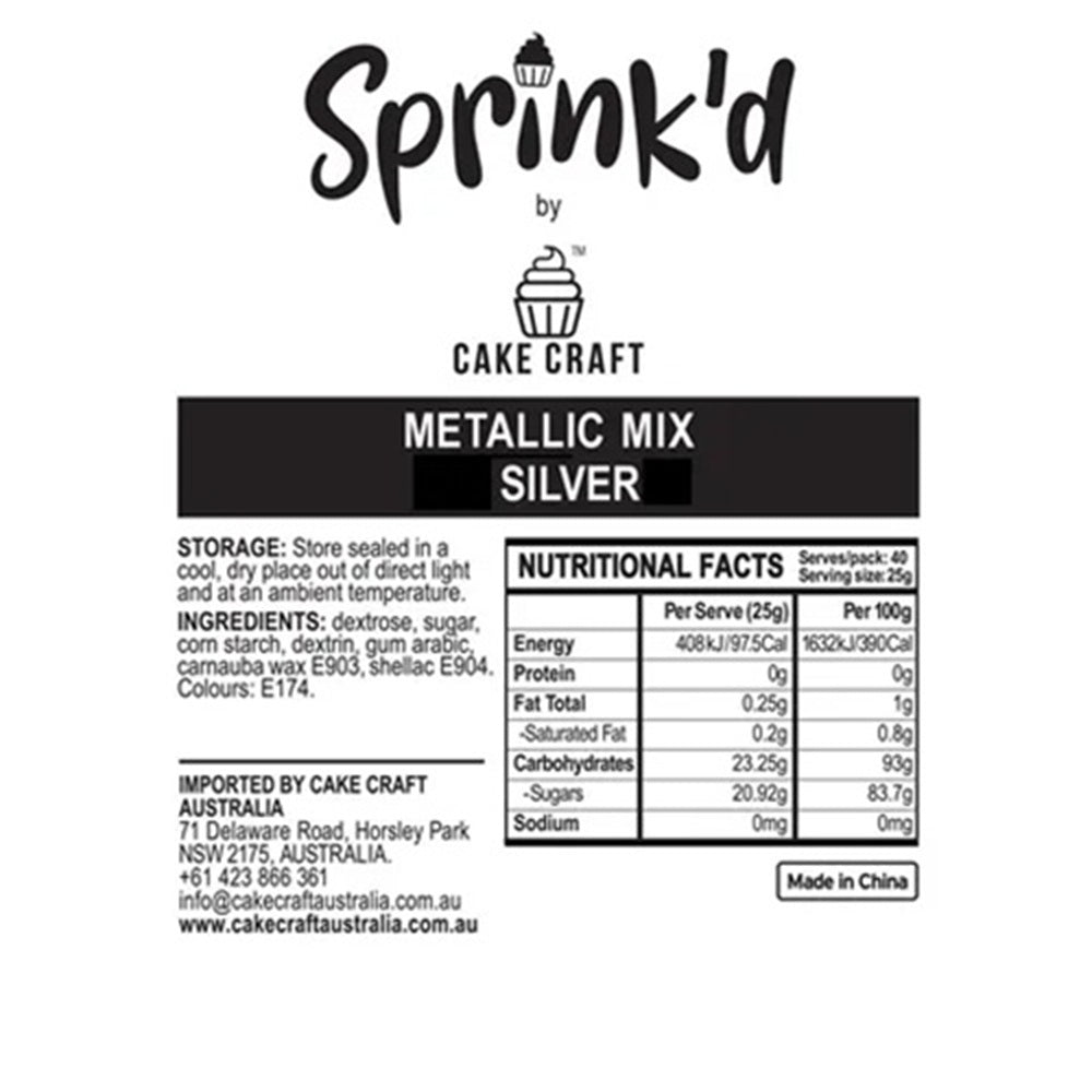 Label for Sprink'd by Cake Craft Metallic Mix Silver with nutritional facts and ingredients.