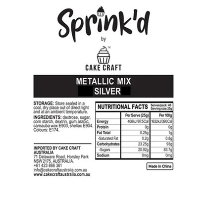 Label for Sprink'd by Cake Craft Metallic Mix Silver with nutritional facts and ingredients.