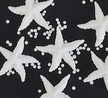 six white starfish, edible fondant icing decorations with sugar pearls by Cake Candy NZ