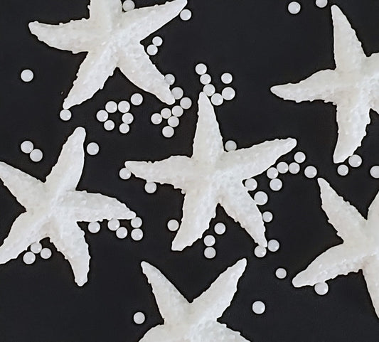 six white starfish, edible fondant icing decorations with sugar pearls by Cake Candy NZ